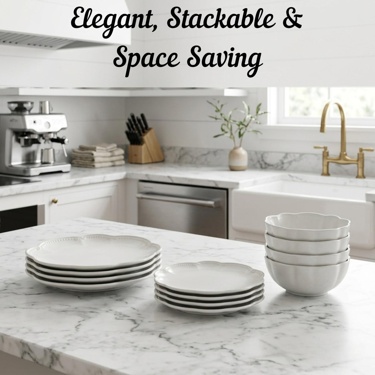 12 Pieces Scalloped White Plates & Bowls Set Y71469