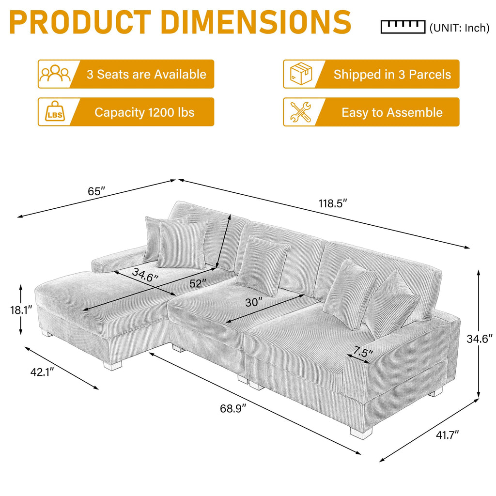 118" Light Gray Corduroy Modular Sectional Sofa with L-Shape Chaise H937740