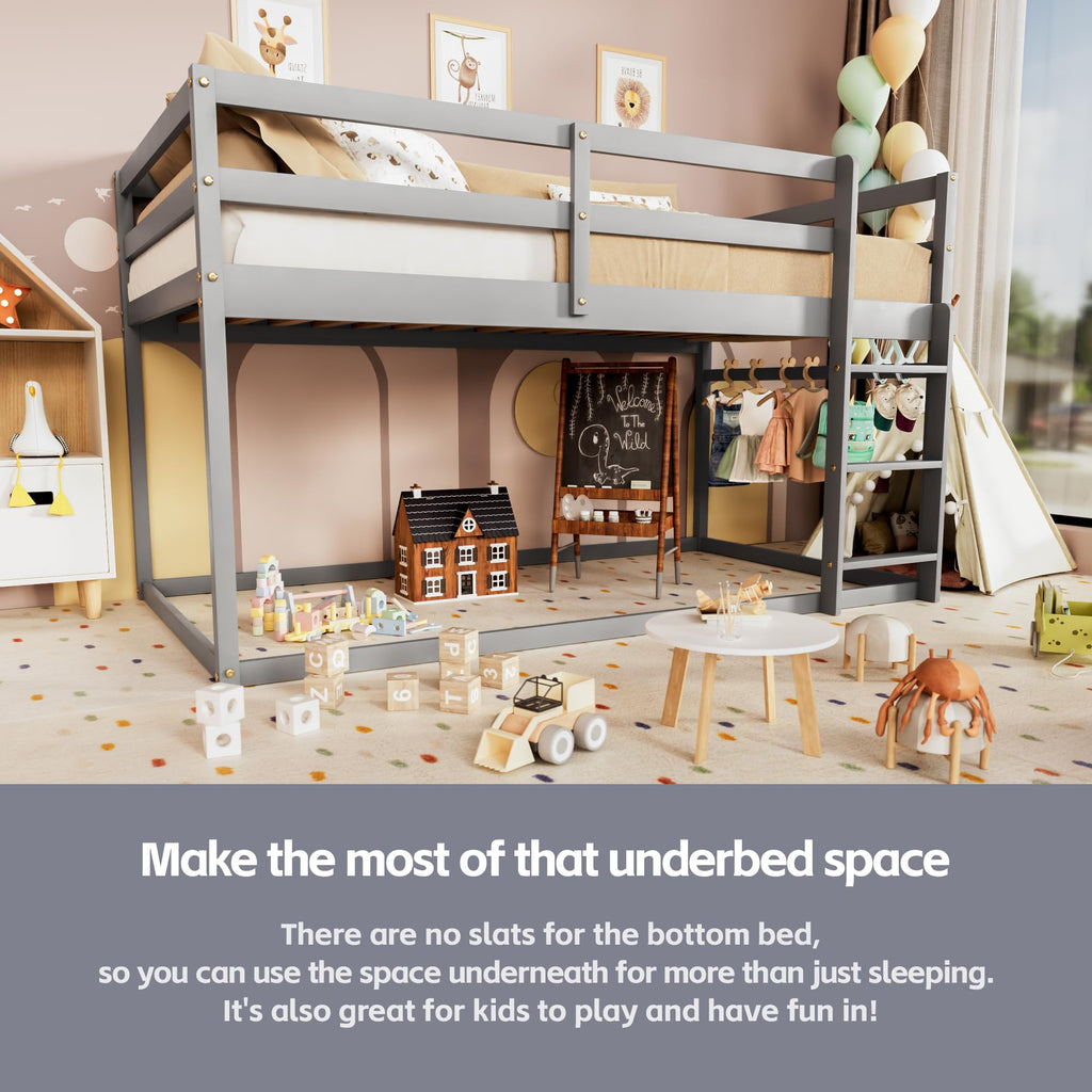Low Twin Over Twin Wooden Bunk Bed with Ladder and Guardrails F39933
