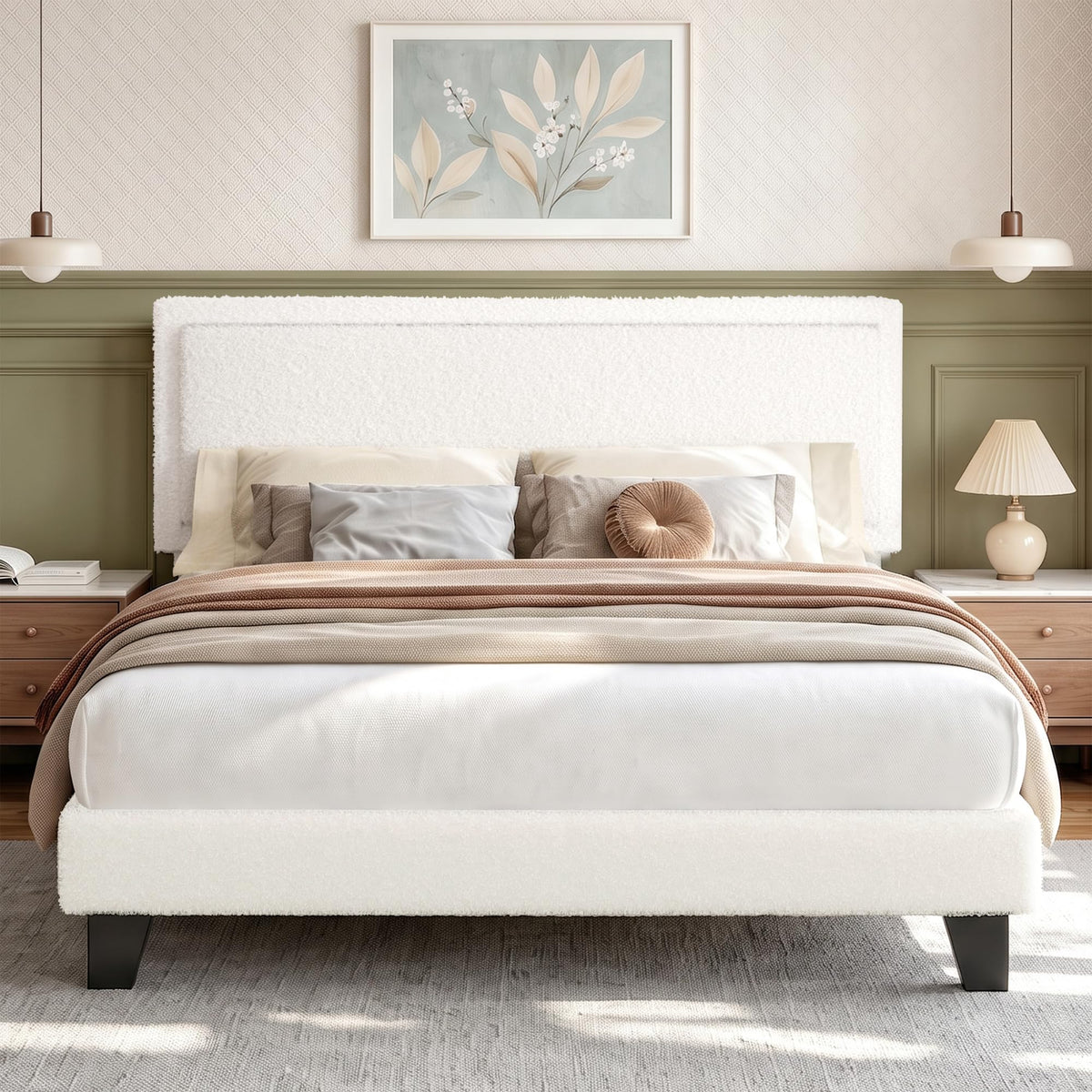 White Queen Size Upholstered Platform Bed Frame with Adjustable Headboard J282
