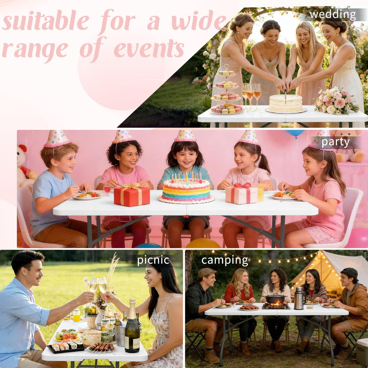2 Pack 6 Feet Portable Folding Table White Plastic F256