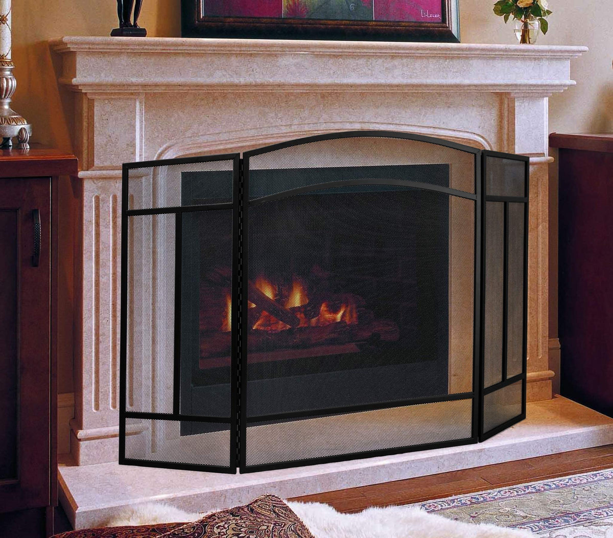 Black 3 Panel Wrought Iron Fireplace Screen J2341