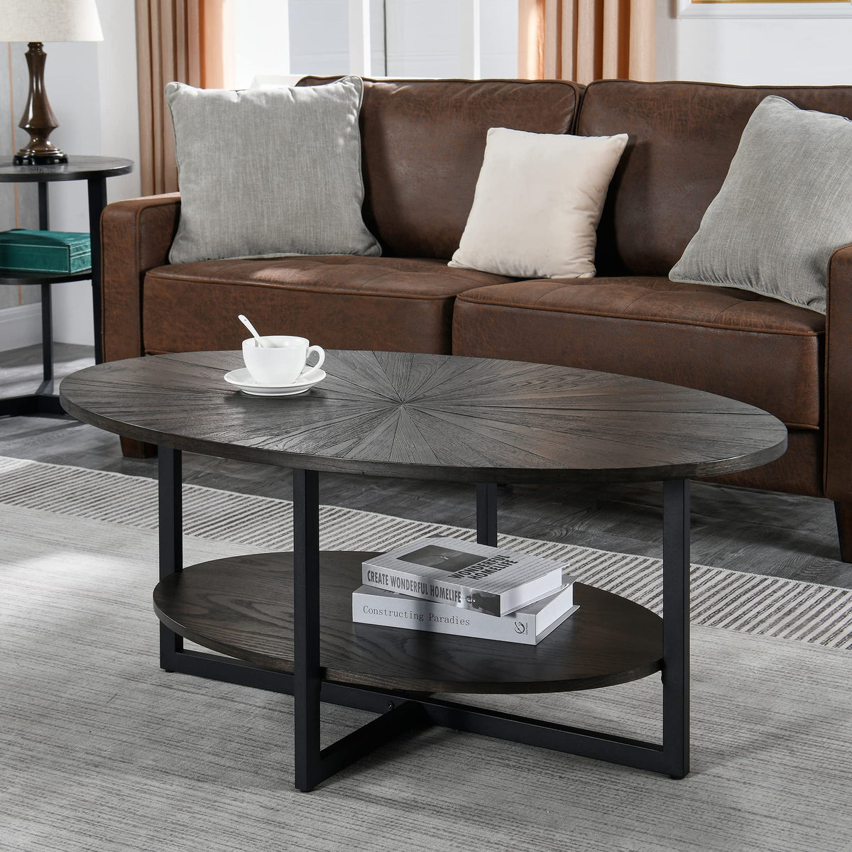 Wood Oval Coffee Table with Storage Shelf, 2-Tier, Black Brown J577