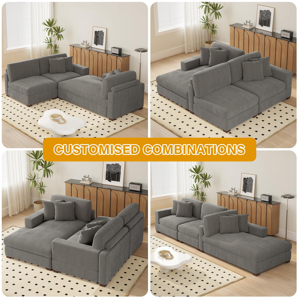 118" Light Gray Corduroy Modular Sectional Sofa with L-Shape Chaise H937740