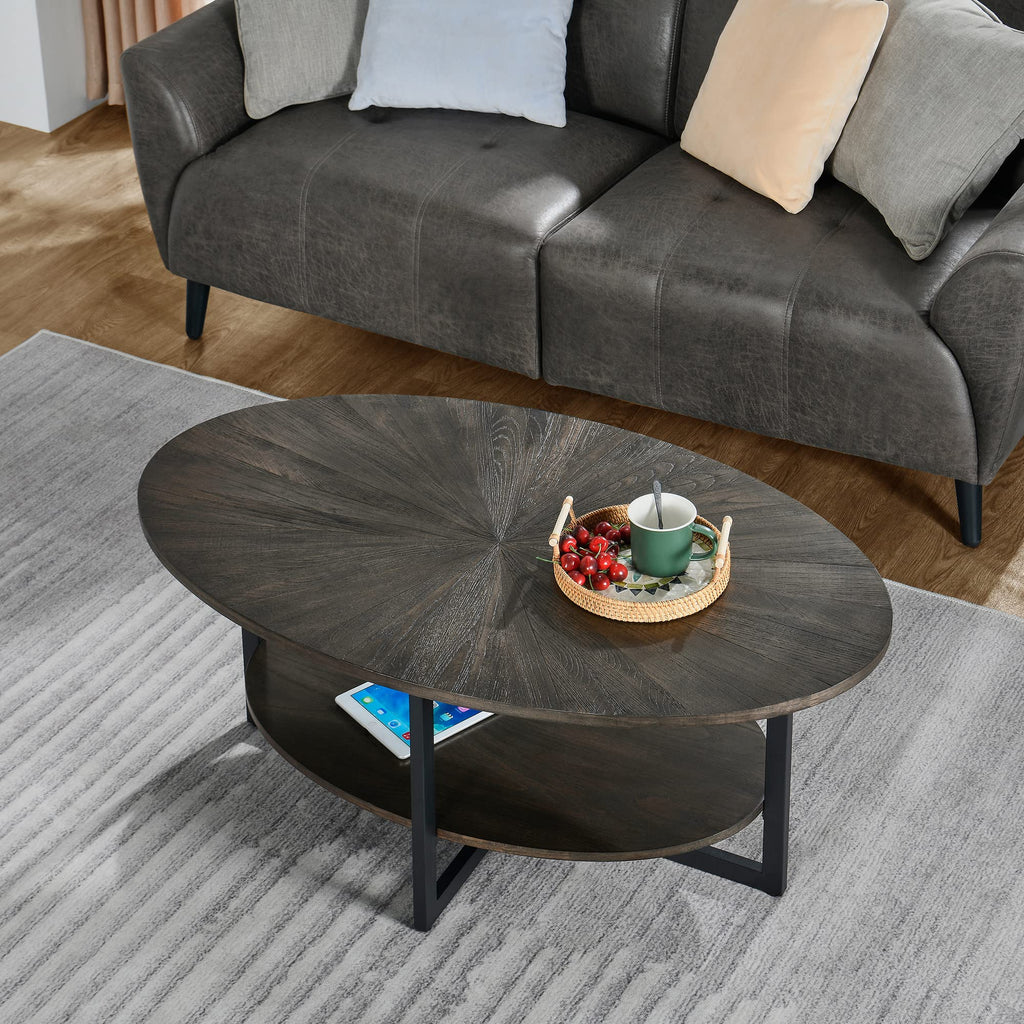 Wood Oval Coffee Table with Storage Shelf, 2-Tier, Black Brown J577