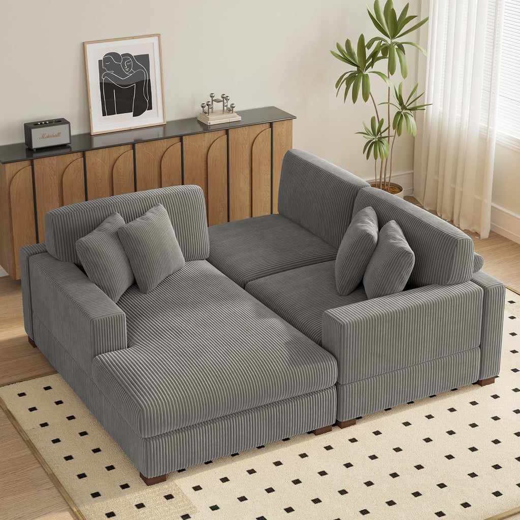 118" Light Gray Corduroy Modular Sectional Sofa with L-Shape Chaise H937740