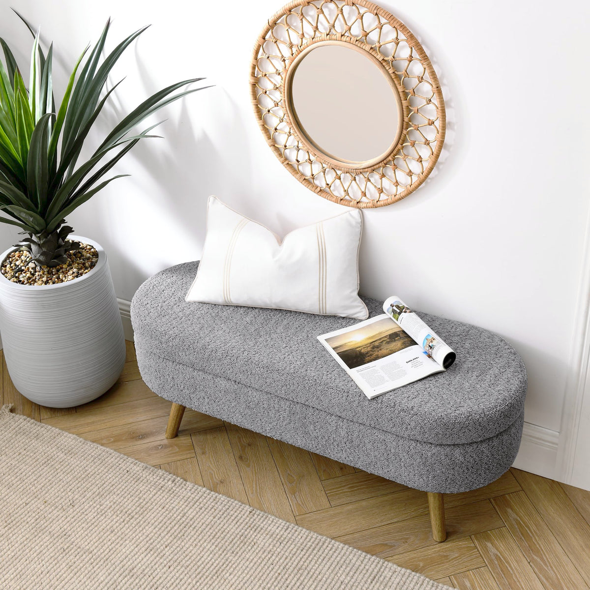 Oval Storage Bench with Rubber Wood Legs Gray O673