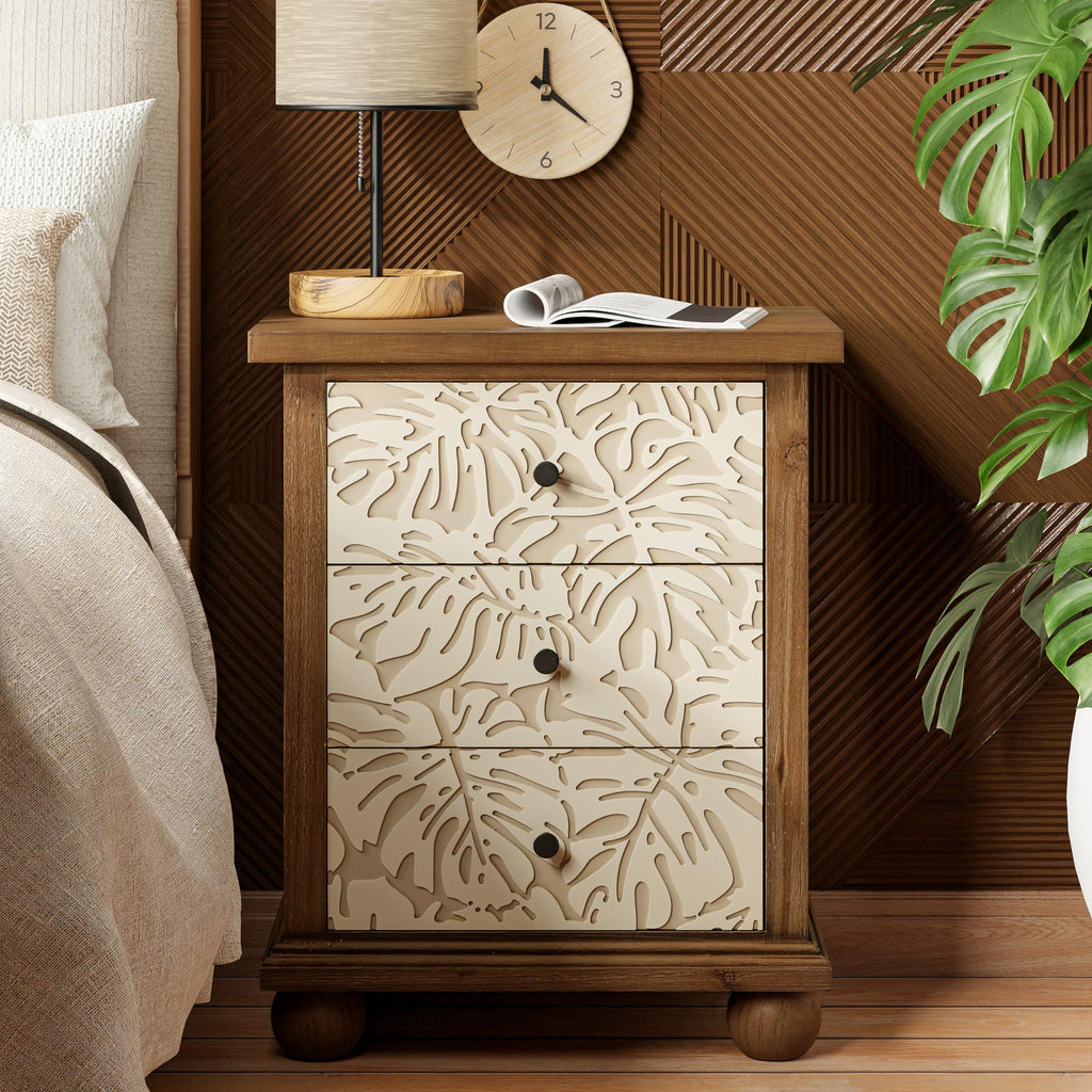 Rustic 3-Drawer Nightstand with Leaves Pattern Carved A821