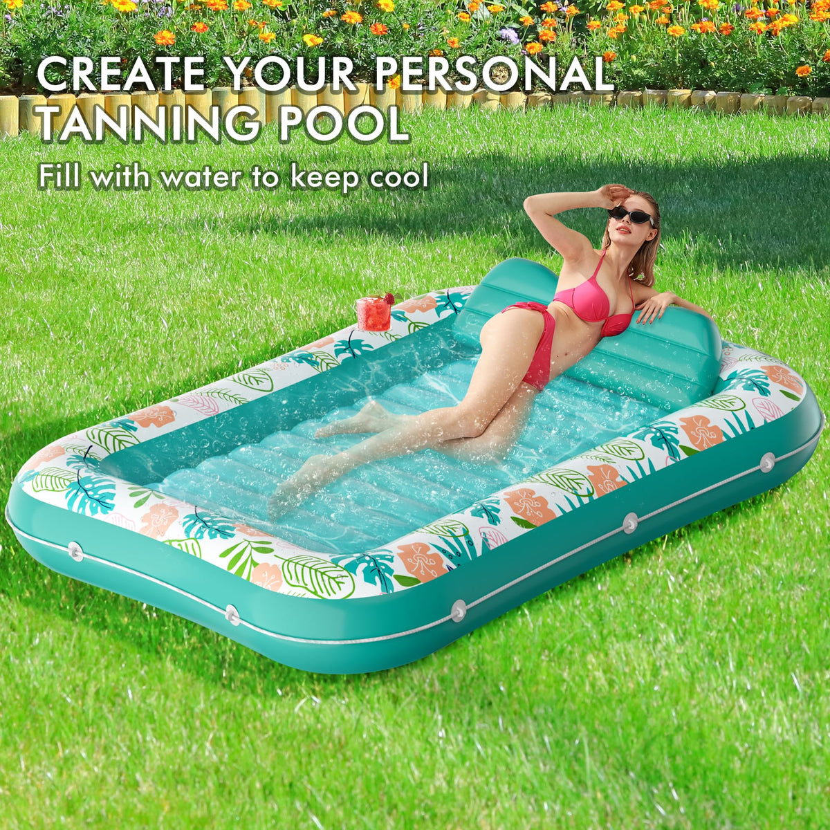 Inflatable Tanning Pool Lounger Float with Pillow & Cup Holder, 2 Pack B243